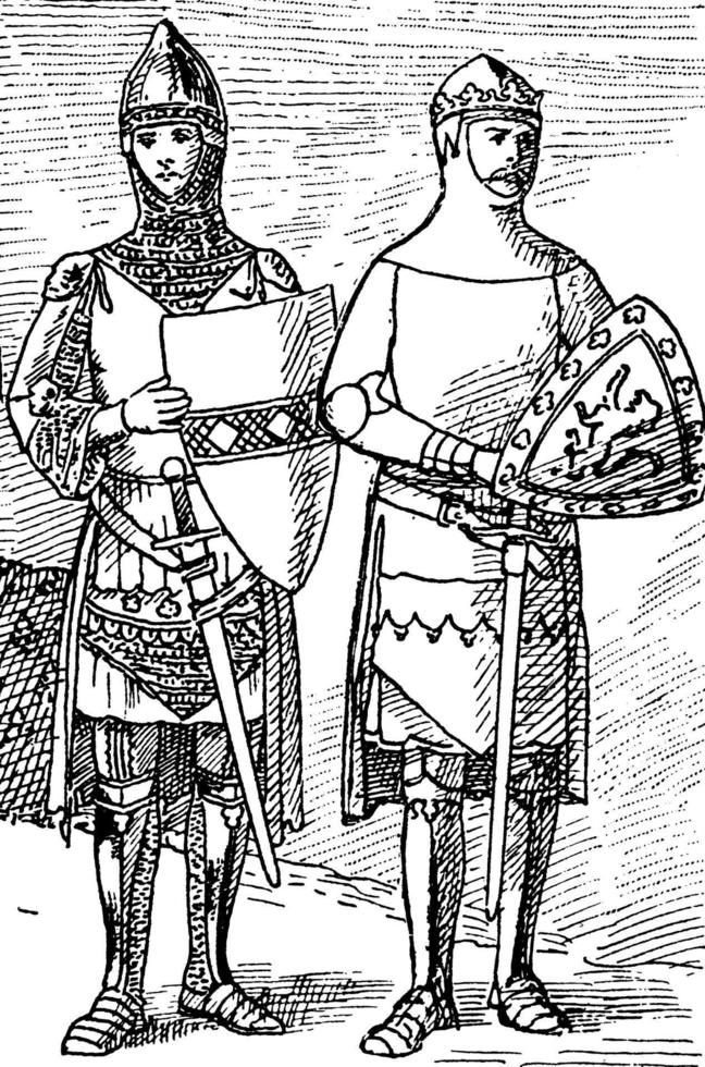 Sirs John de Creke and John of Eltham Wearing Armor, vintage illustration vector