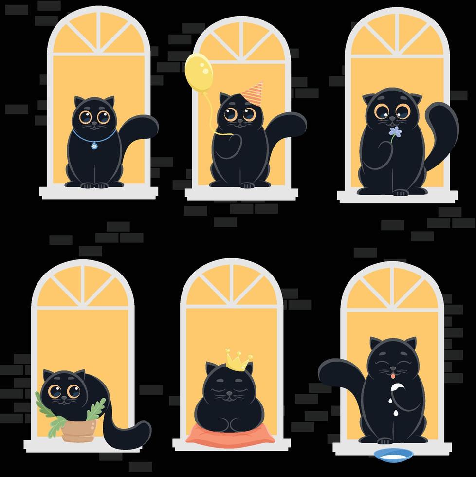 conjunto de silueta de gato en la ventana vector