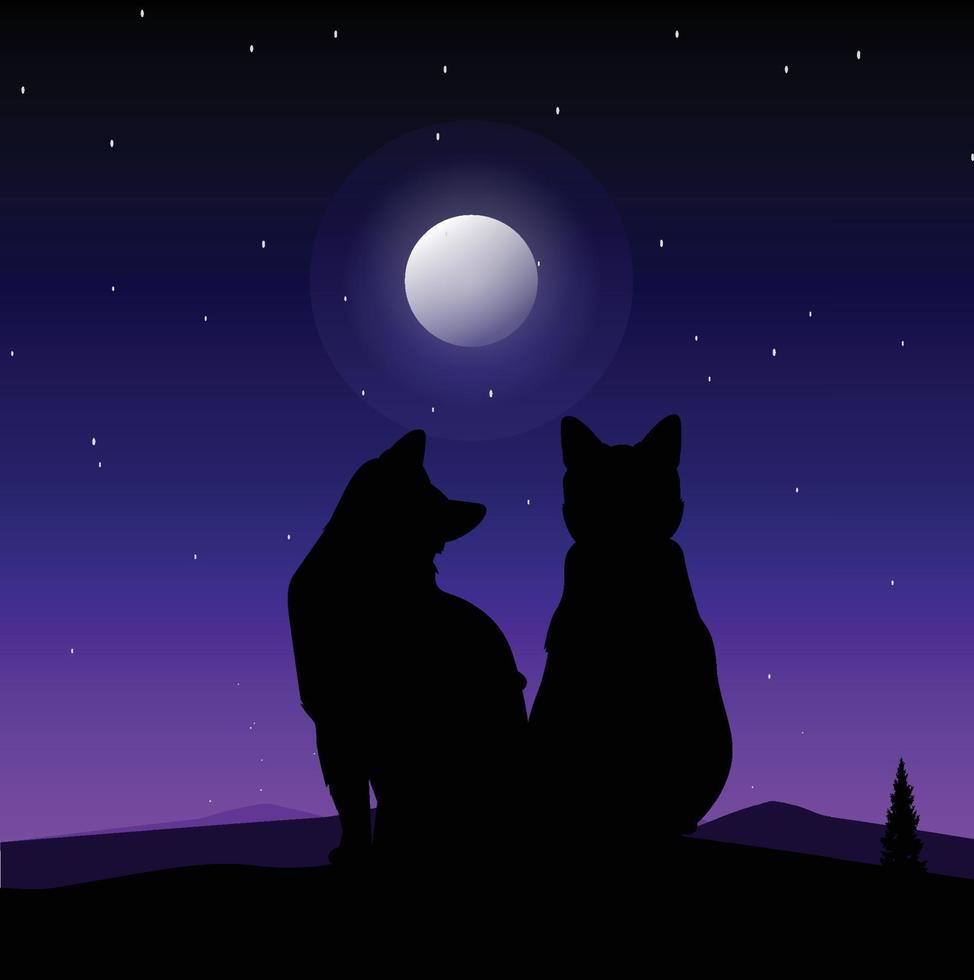 Two Cats Against The Background Of The Moon And The Starry Sky vector