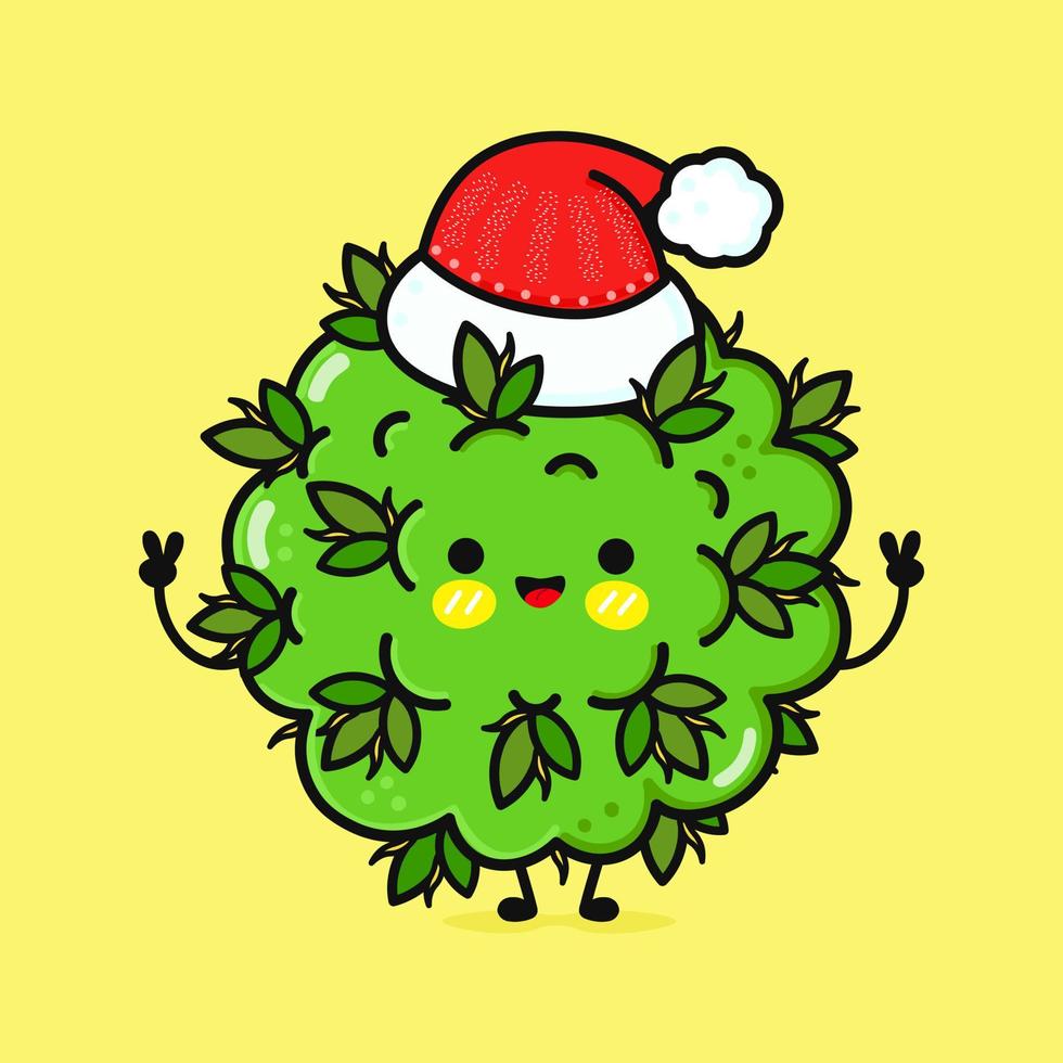 gracioso sonriente feliz brote de hierba de marihuana y sombrero de navidad. diseño de icono de ilustración de personaje de dibujos animados plano vectorial. aislado sobre fondo amarillo vector