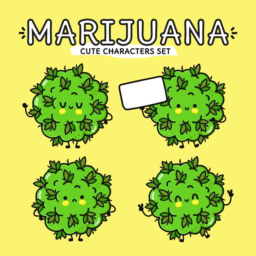 divertido conjunto de paquetes de cogollos de marihuana feliz y sonriente. diseño de icono de ilustración de personaje de dibujos animados plano vectorial. aislado sobre fondo amarillo vector