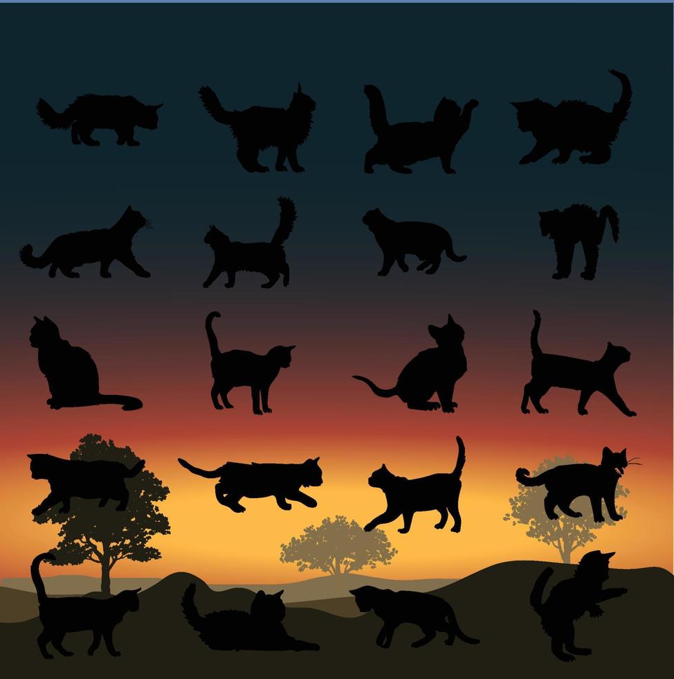 conjunto de gato negro en varias poses vector