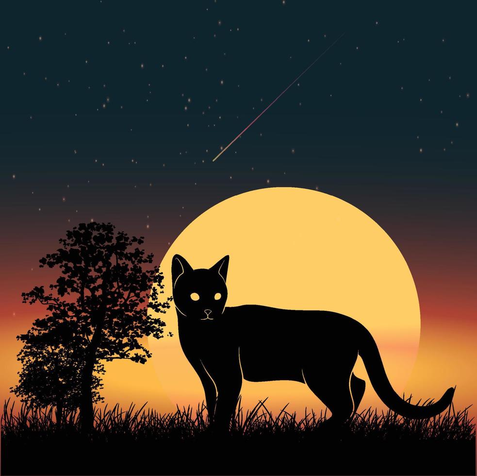 silueta de gato vectorial y fondo de noche de luna llena vector