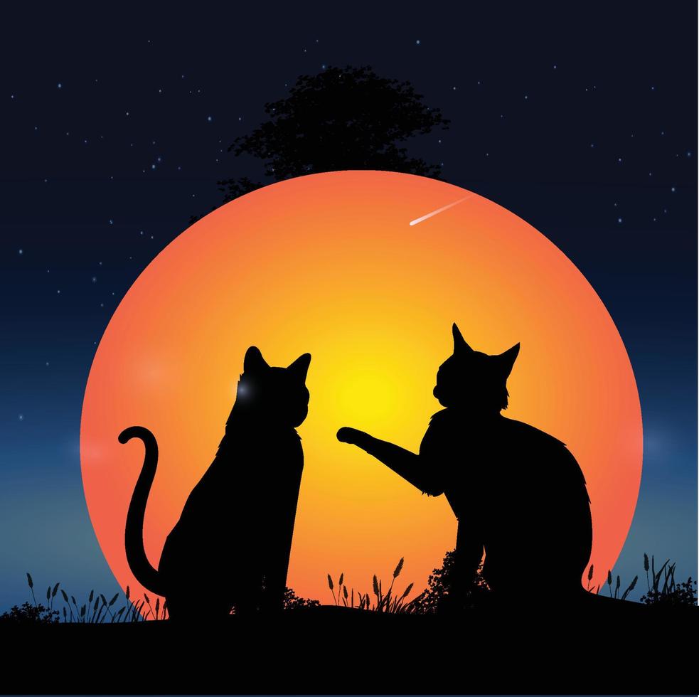 Two Cats On A Meadow Under The Moon vector