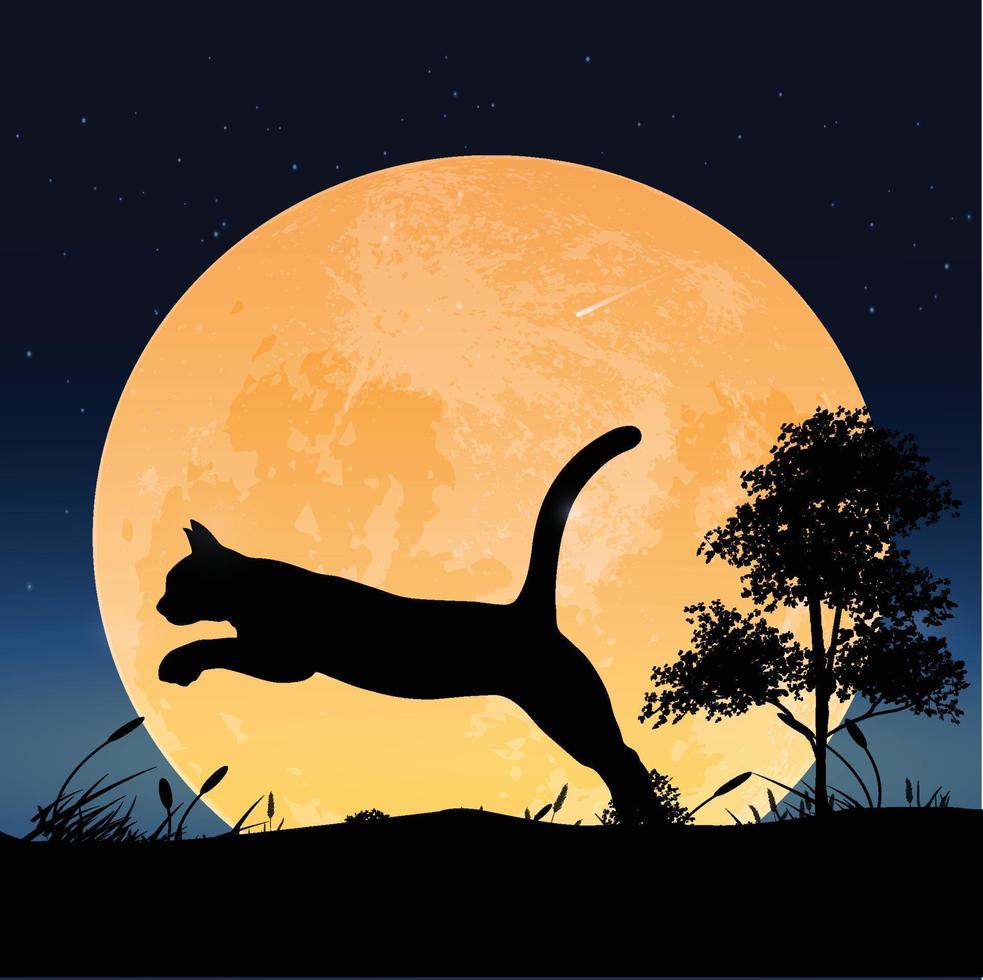Silhouette of cat jumping over grass field with full moon background, vector
