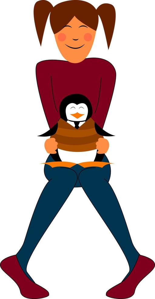 una chica con un pingüino en su regazo, vector o ilustración de color.