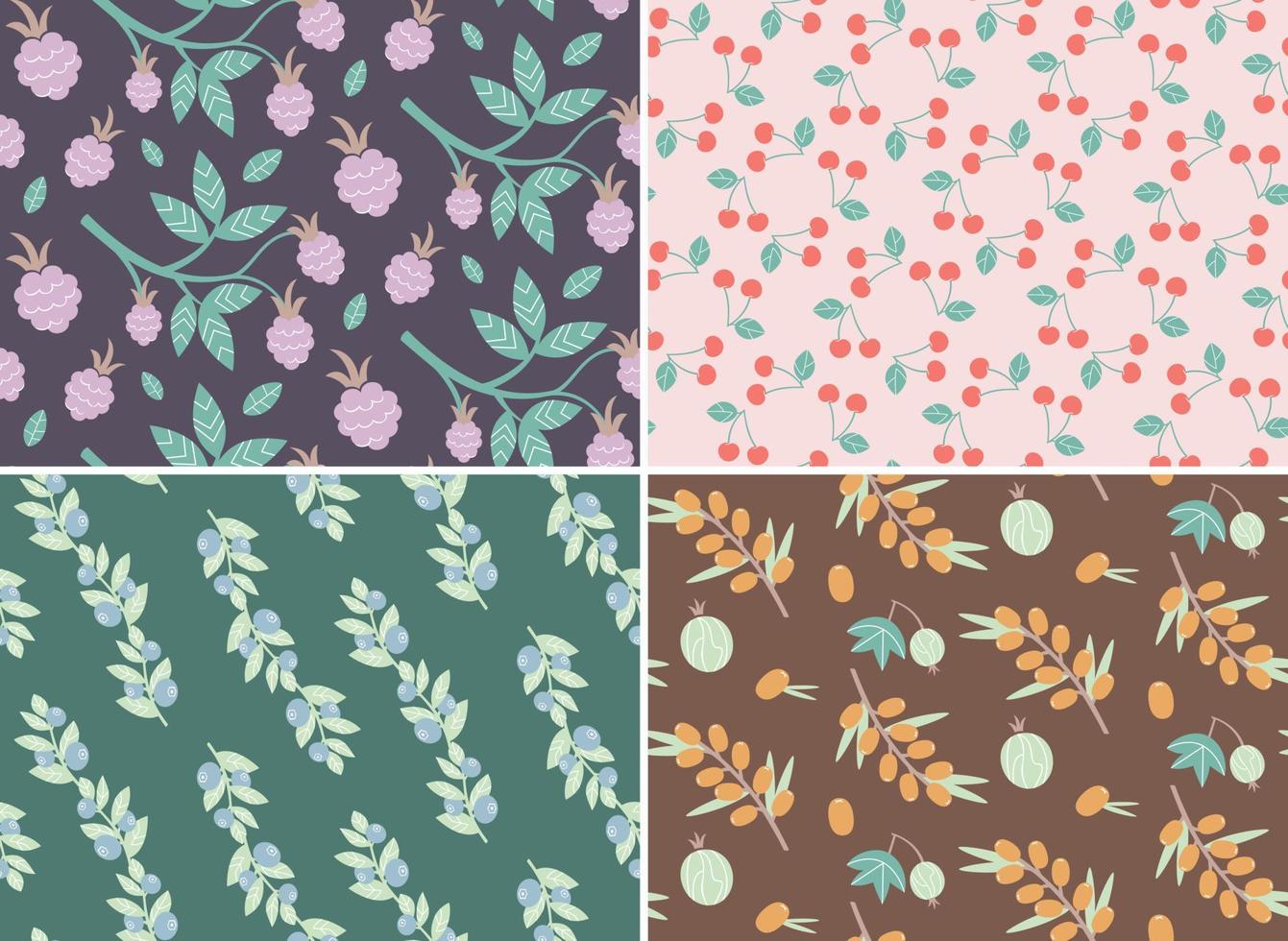 Set of seamless patterns with different berries. Nature textures in flat design. vector