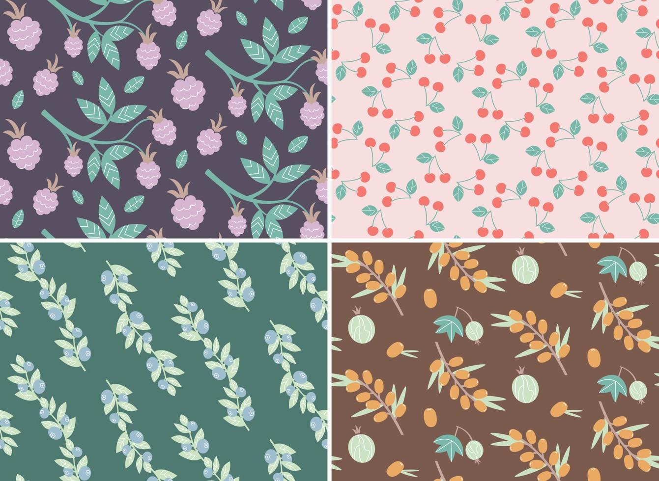 Set of seamless patterns with different berries. Nature textures in flat design. vector