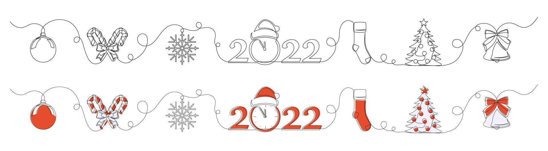 Set of continuous one line drawings of Christmas symbols vector