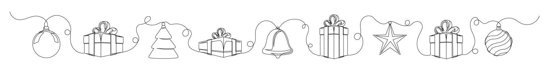 Set of continuous one line drawings of Christmas symbols vector