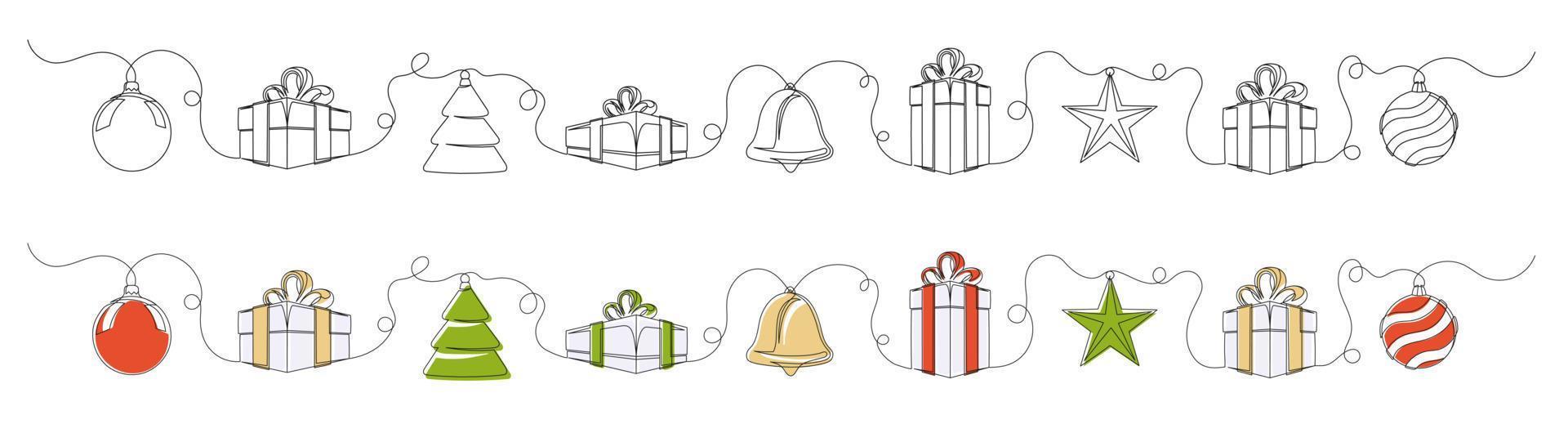 conjunto de dibujos continuos de una línea de símbolos navideños vector