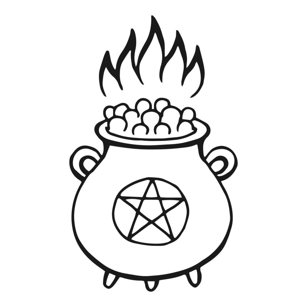 Boiling magic cauldron. Hand drawn vector illustration isolated on white background.
