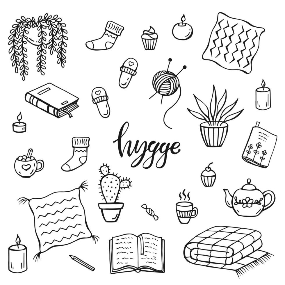 Set of hygge elements. Hand drawn vector illustration. Cozy things isolated on a white background.