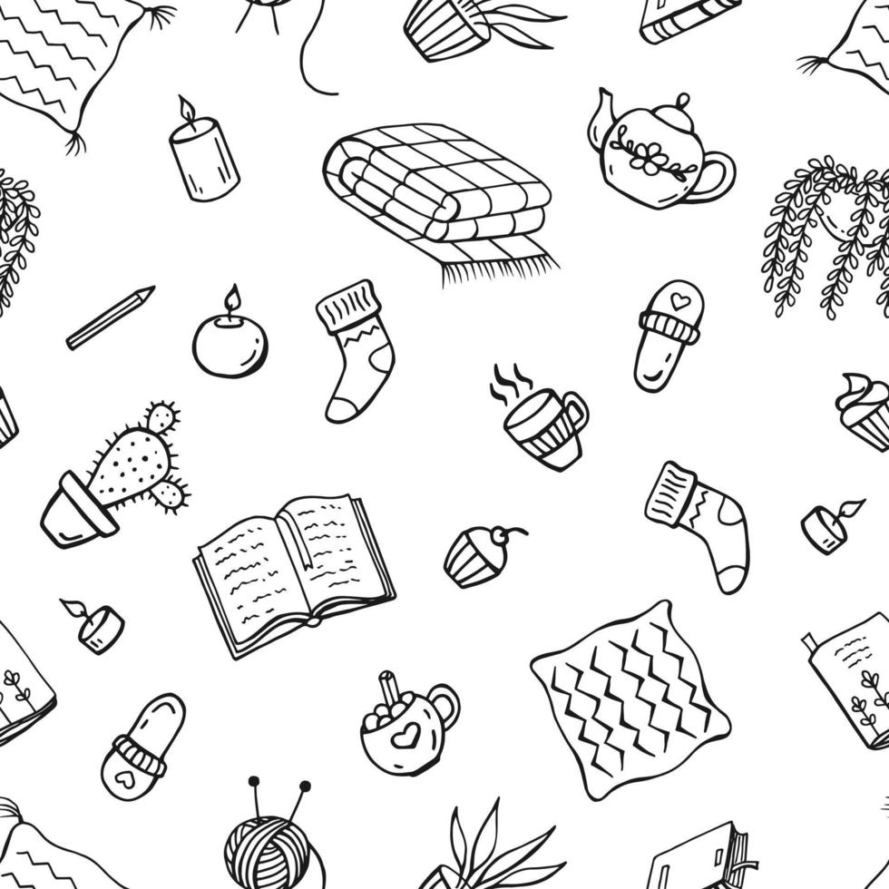 Seamless pattern with hygge elements. Hand drawn vector illustration. Cozy things.