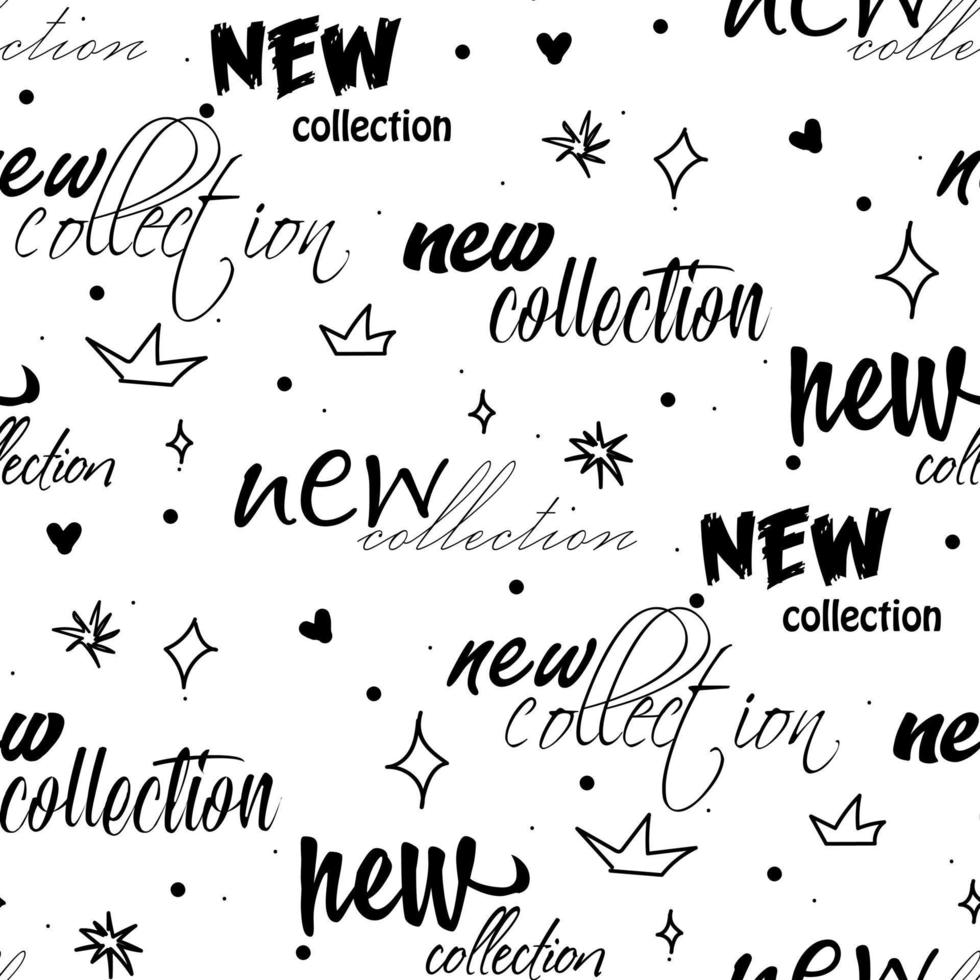 A pattern with inscriptions for stores. A new collection of text in the youth style. Stylish text with sketches. Suitable for printing on paper, textiles. Brand packaging. vector