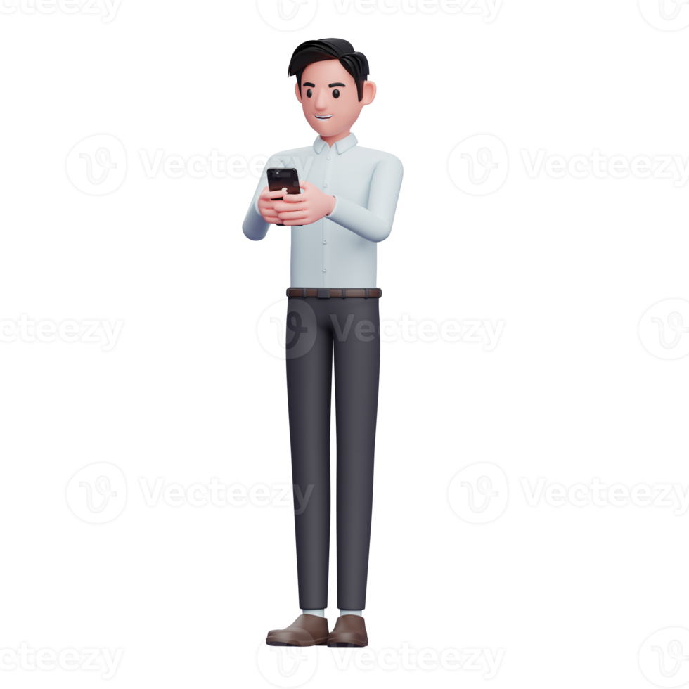 Businessman in blue shirt Typing Message on the Smartphone, 3d illustration of businessman using smartphone png