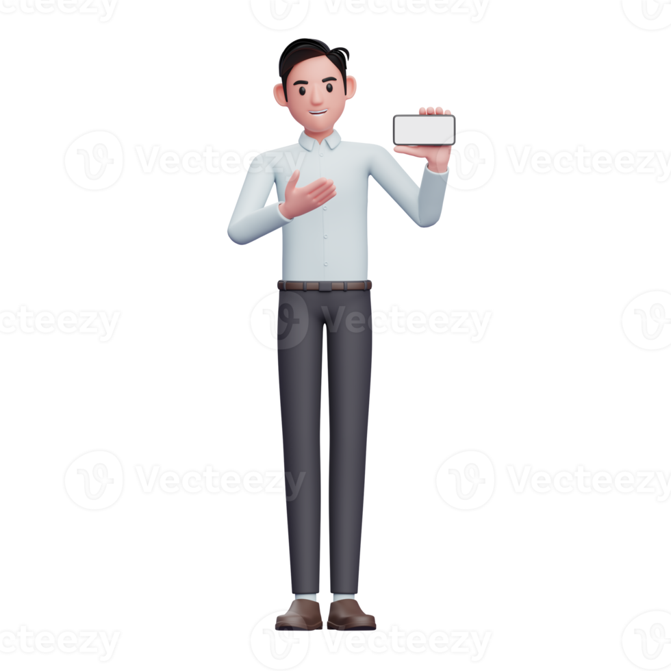 Businessman in blue shirt presenting with a landscape phone screen, 3d illustration of businessman using smartphone png