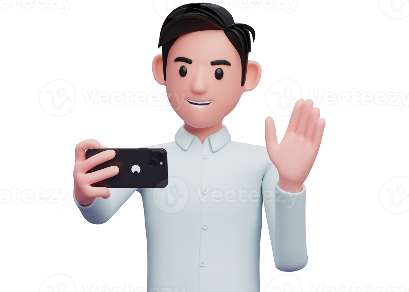 portrait of a businessman making a video call with a cell phone, 3d illustration of businessman holding phone png