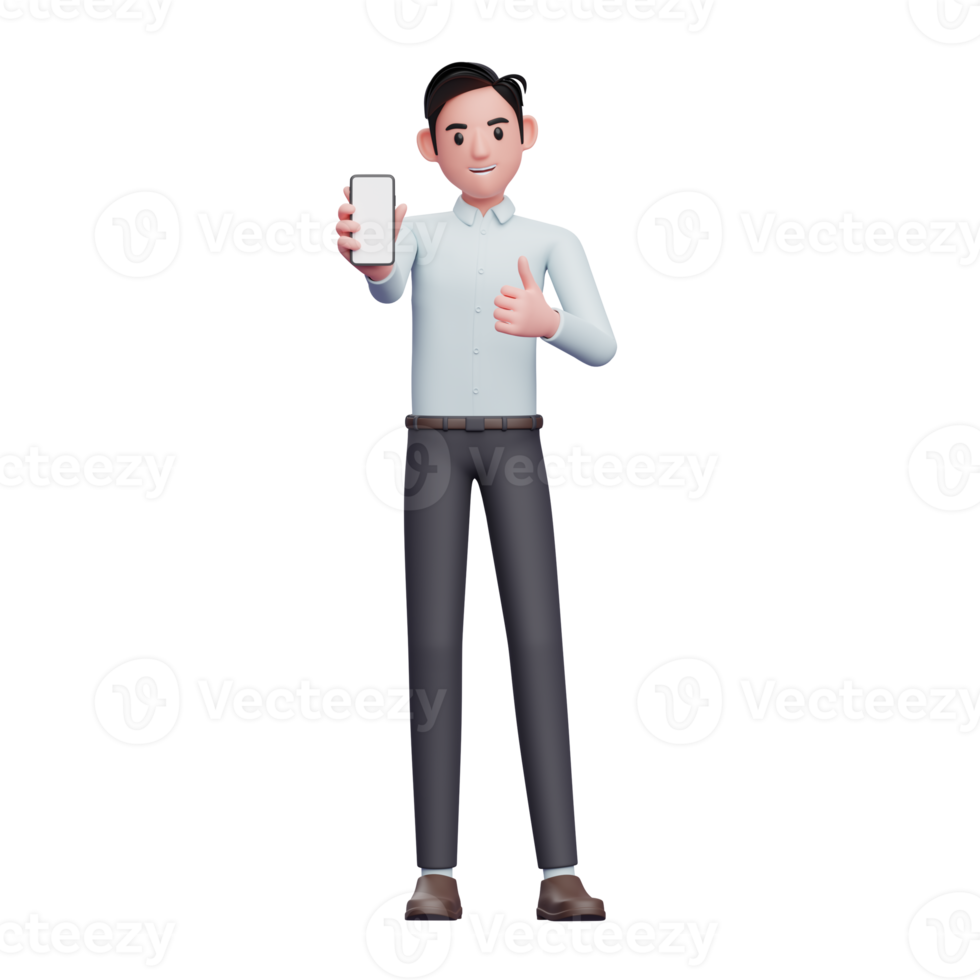 Businessman in blue shirt give thumbs up and showing smartphone screen, 3d illustration of businessman using smartphone png