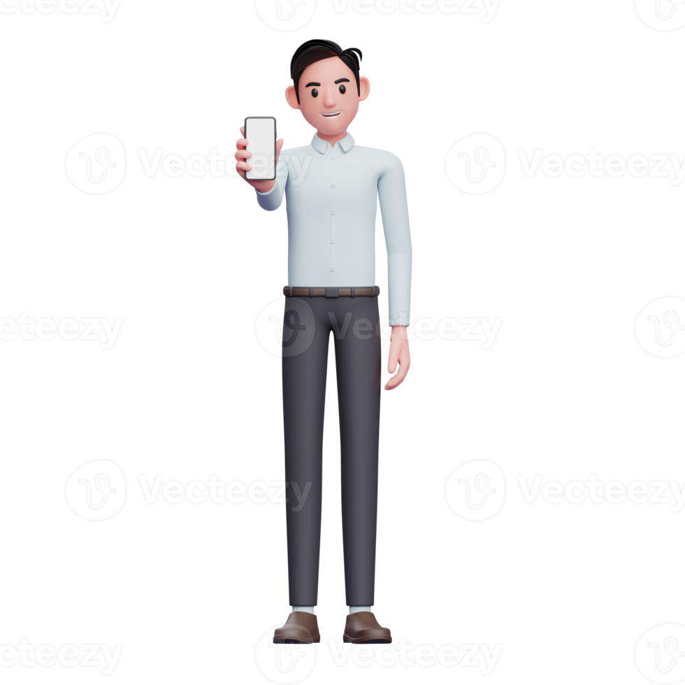 businessman in blue shirt showing phone screen, 3d illustration of businessman using smartphone png