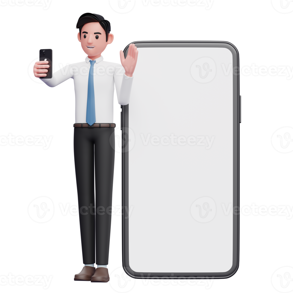 businessman in white shirt making video call and waving hand, 3d illustration of businessman using phone png