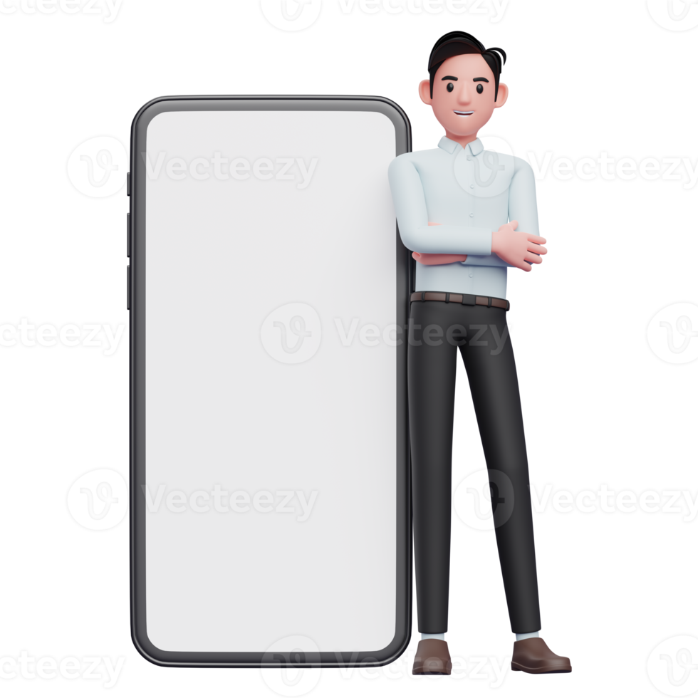 businessman in blue shirt leaning on phone with big white screen, 3d illustration of businessman holding phone png