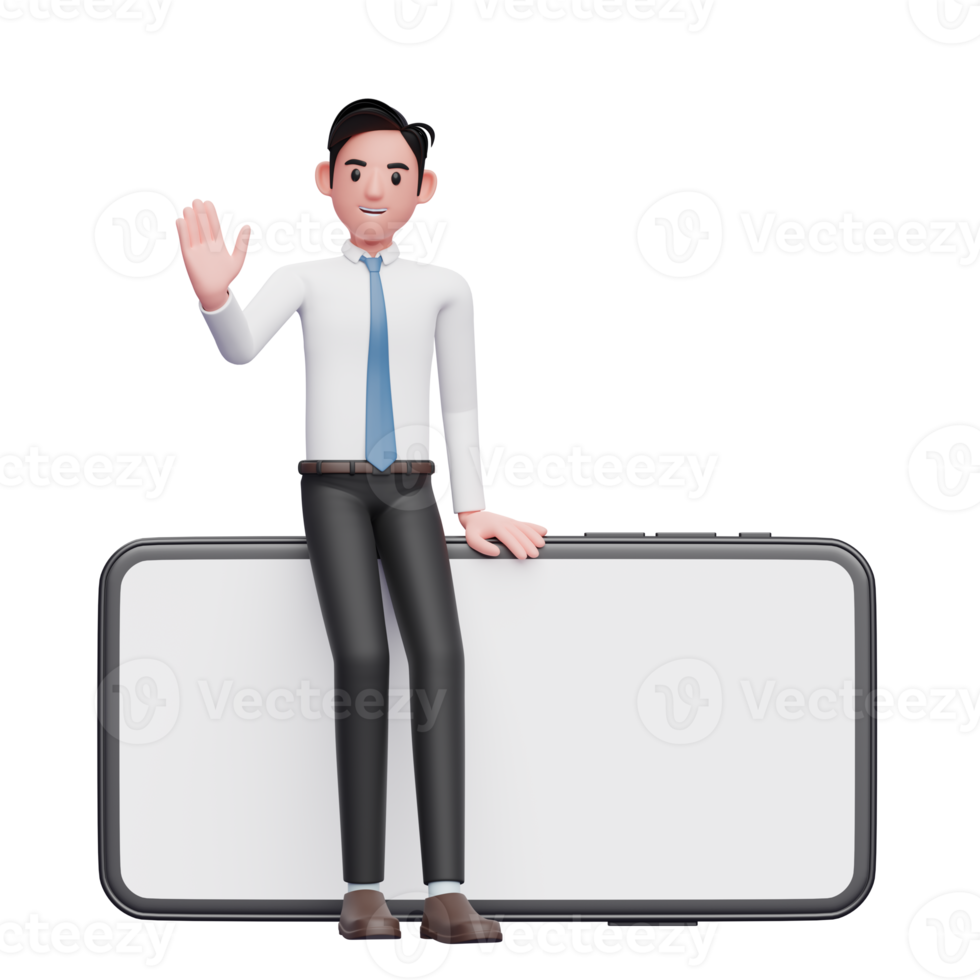 hombre de negocios con pantalones blanco sentado en un teléfono horizontal y saludando con la mano, ilustración 3d de un hombre de negocios usando el teléfono png