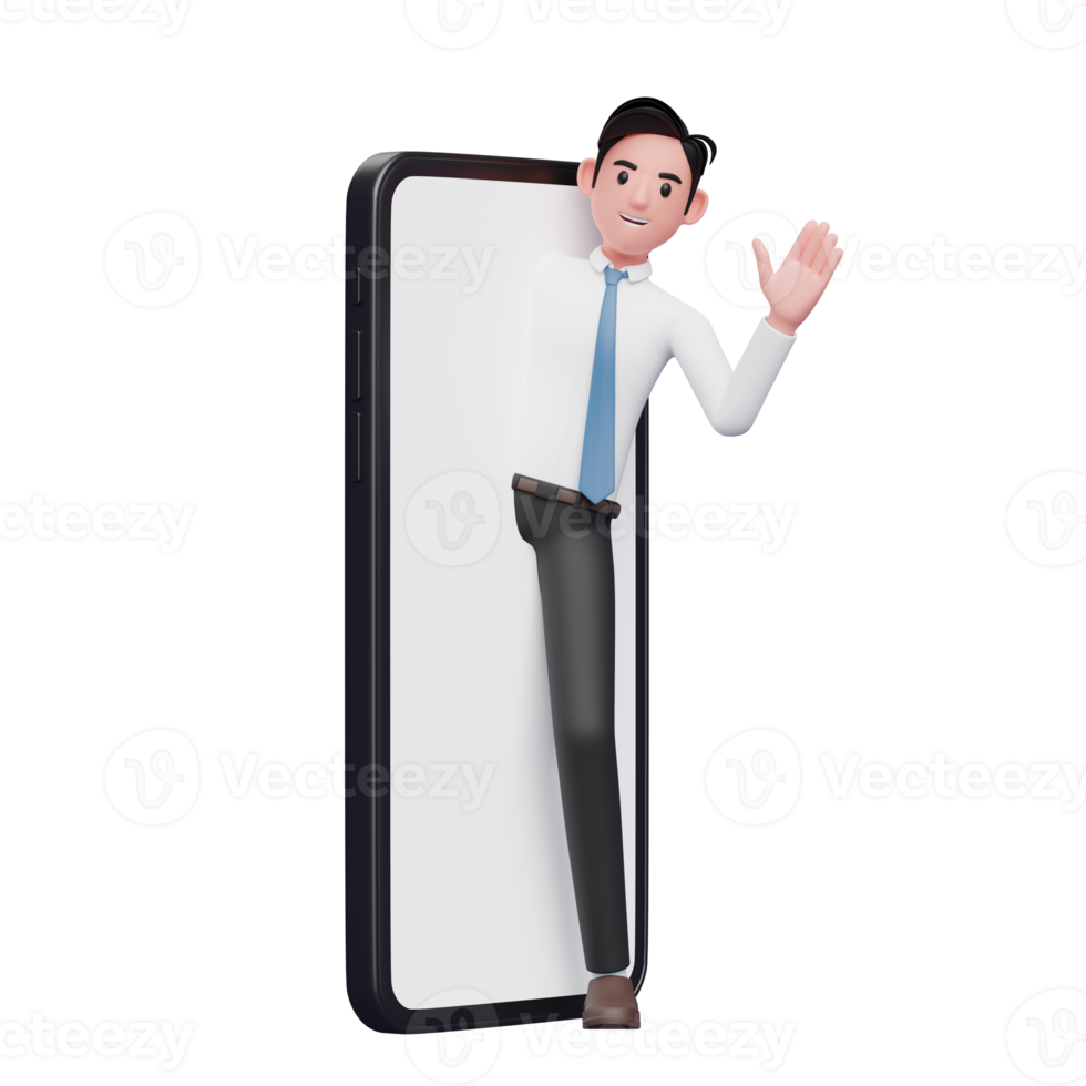 businessman appears from the big phone screen and waving hand, 3d illustration of businessman using phone png
