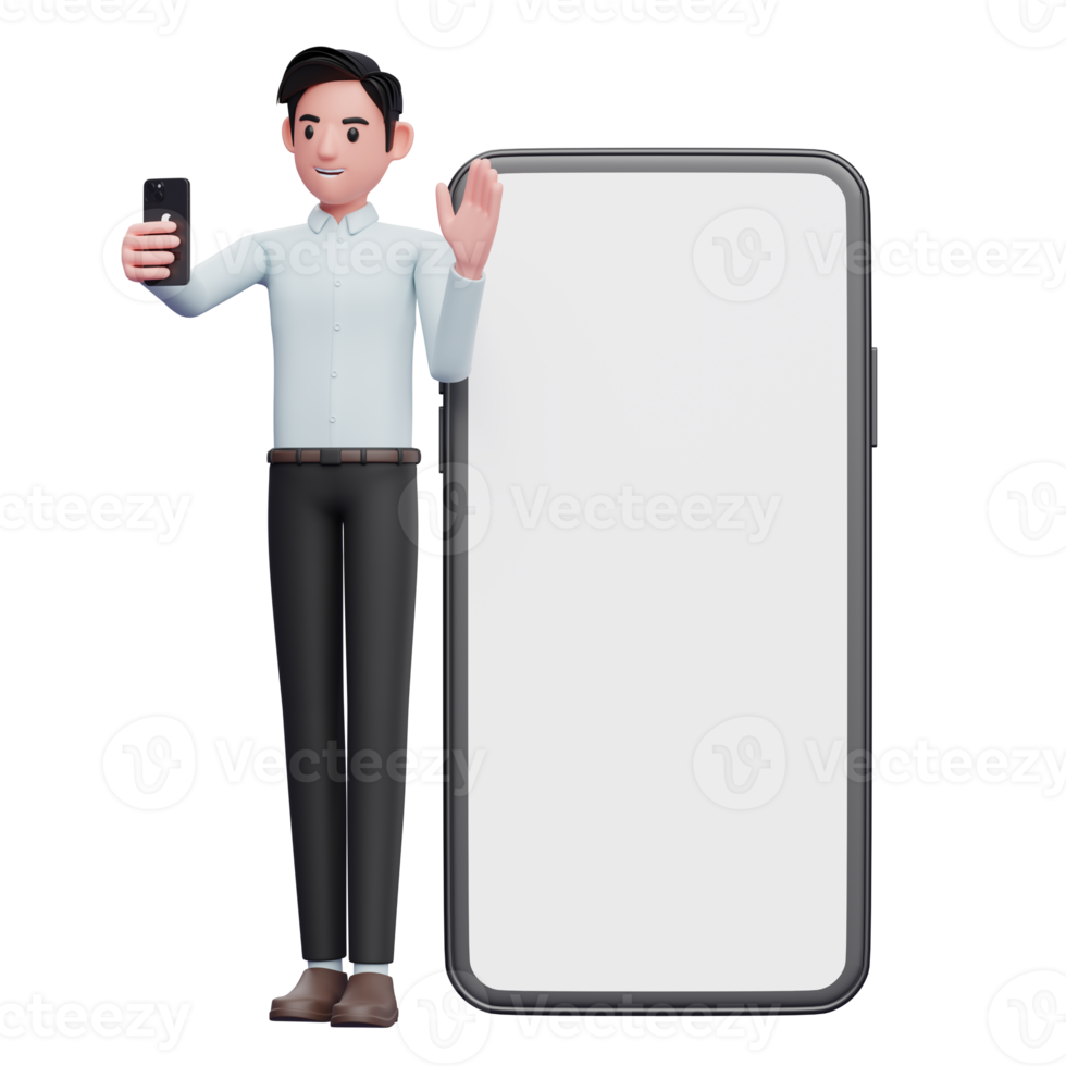 businessman in blue shirt making video call and waving hand on big phone background, 3d illustration of businessman holding phone png