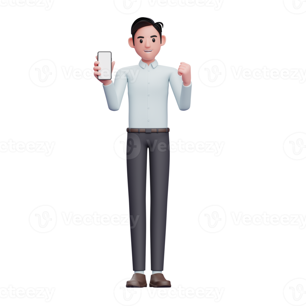 uomo d'affari nel blu camicia fare vincente gesto con mostrando Telefono schermo, 3d illustrazione di uomo d'affari utilizzando smartphone png