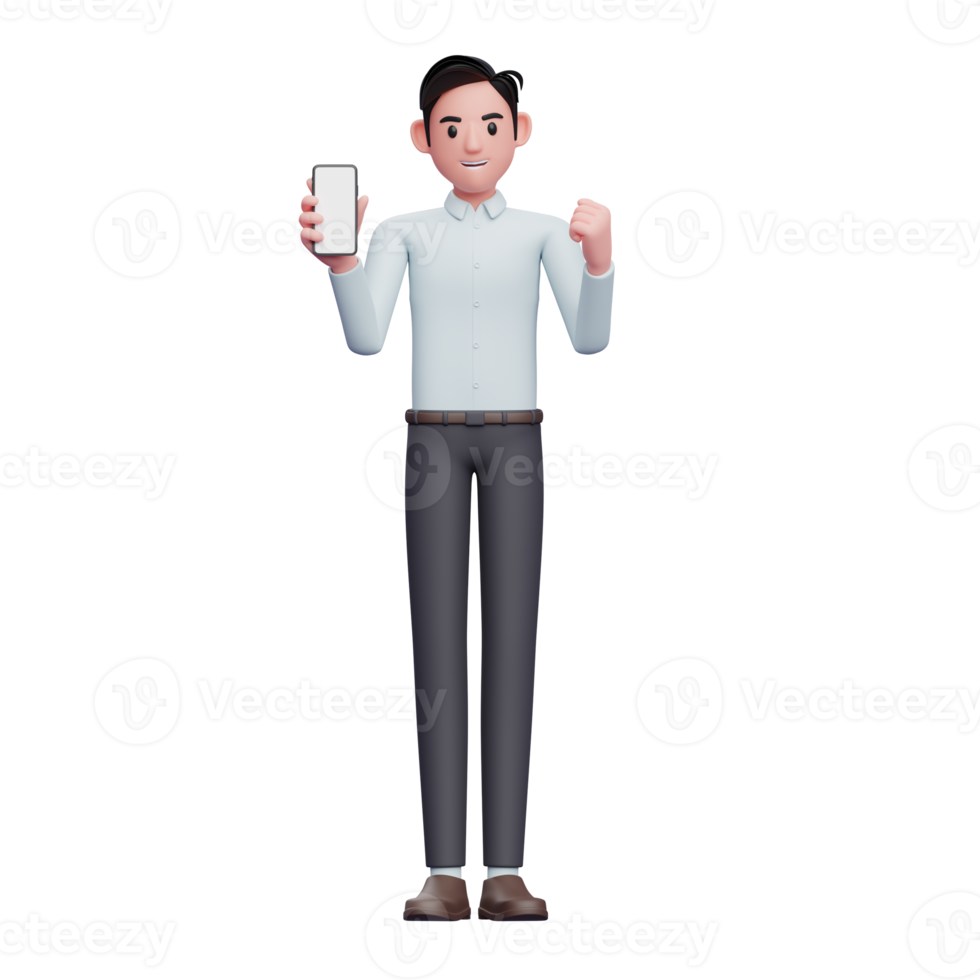 Businessman in blue shirt doing winning gesture with showing phone screen, 3d illustration of businessman using smartphone png