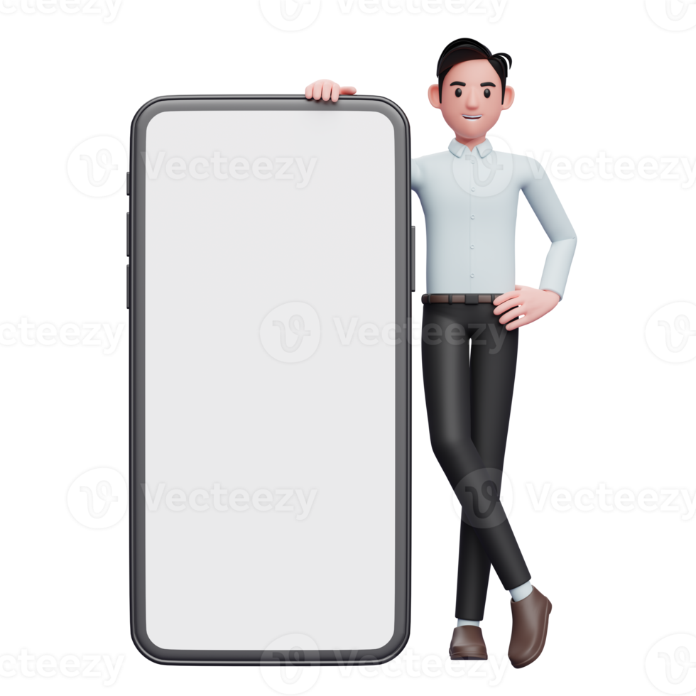 homme d'affaires debout à côté d'un grand téléphone avec écran blanc avec les jambes croisées et les mains sur la taille, illustration 3d d'un homme d'affaires tenant un téléphone png