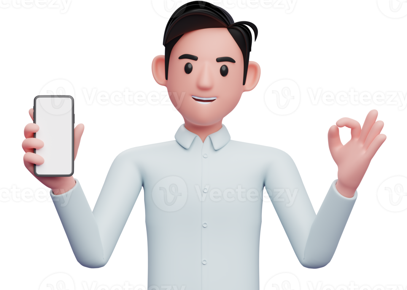 portrait of a businessman holding a cell phone while giving an ok finger gesture, 3d illustration of businessman holding phone png