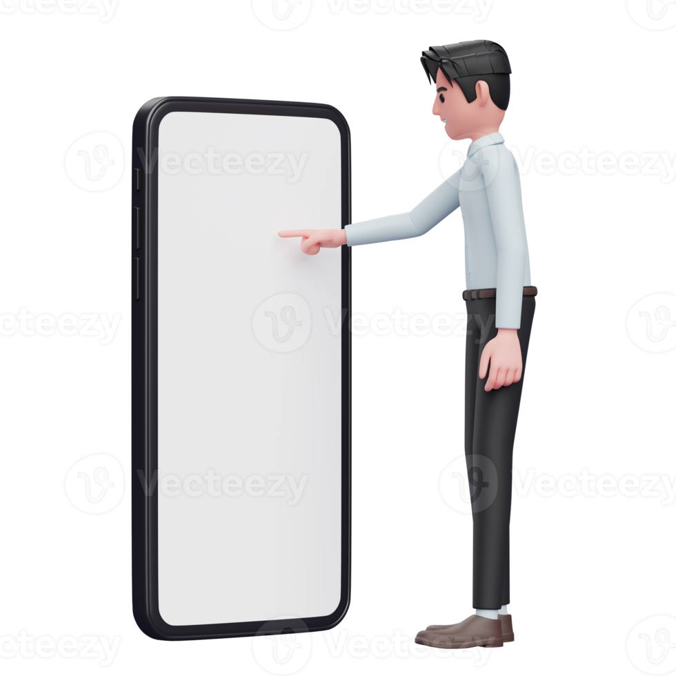 Businessman in blue shirt playing mobile phone touching phone screen with index finger, 3d illustration of businessman holding phone png