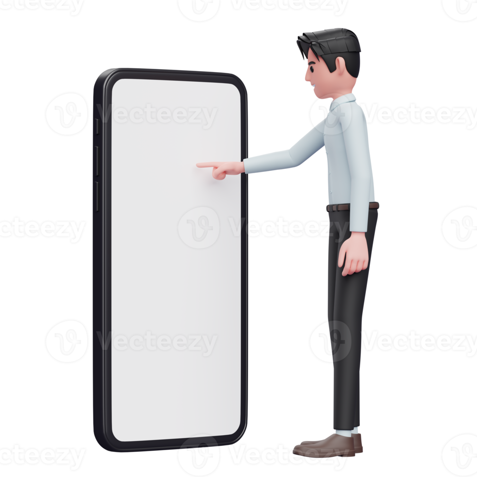 Geschäftsmann im blauen Hemd, der Handy spielt und den Telefonbildschirm mit dem Zeigefinger berührt, 3D-Darstellung des Geschäftsmannes, der das Telefon hält png