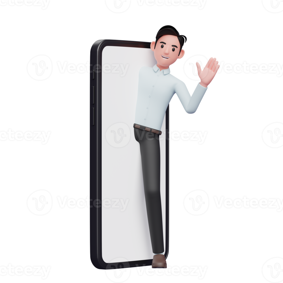businessman appears from the big phone screen and says hi wearing blue shirt, 3d illustration of businessman holding phone png