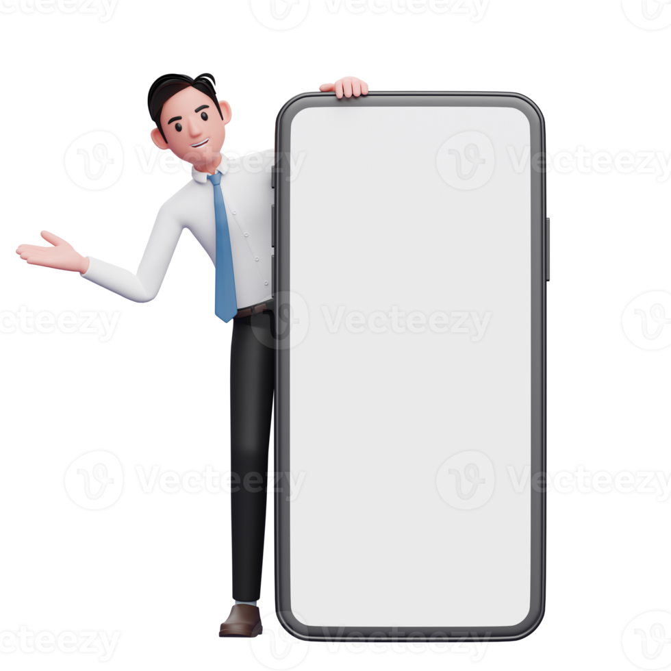 homme d'affaires émerge de derrière un grand téléphone portable, illustration 3d d'un homme d'affaires utilisant un téléphone png