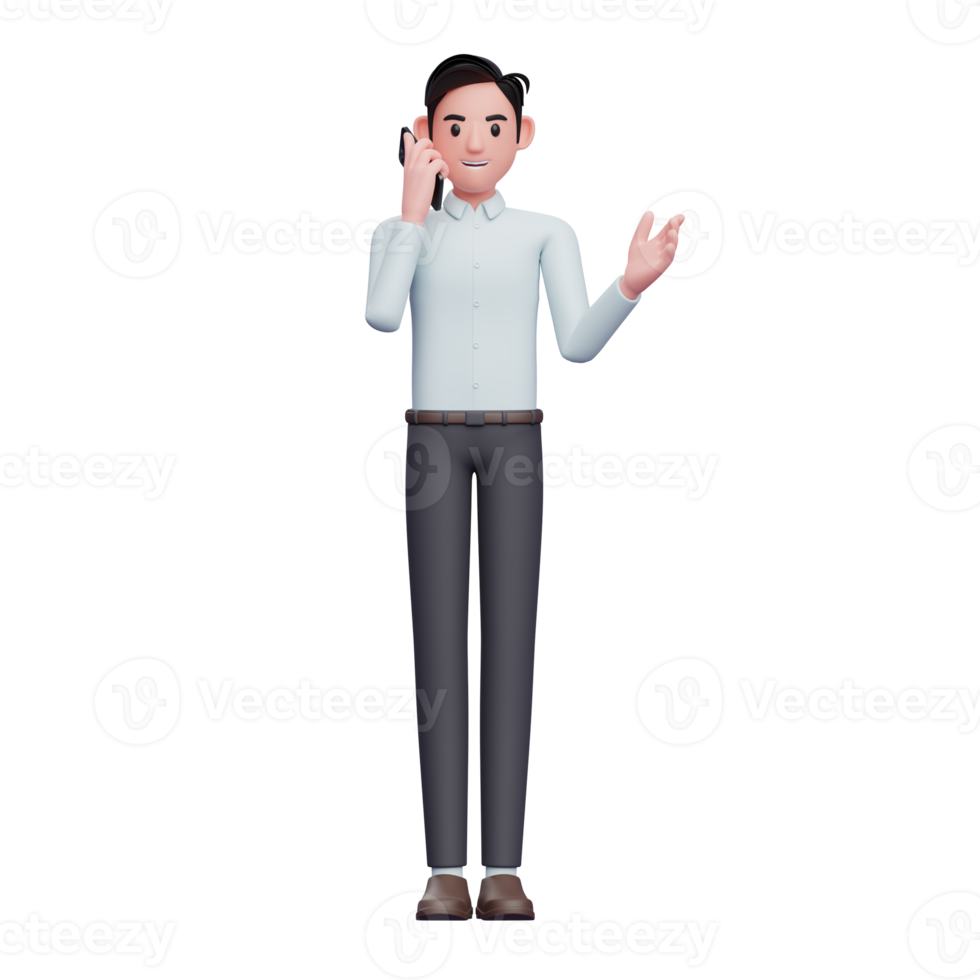 Businessman in blue shirt talking on smarthphone, 3d illustration of businessman using smartphone png