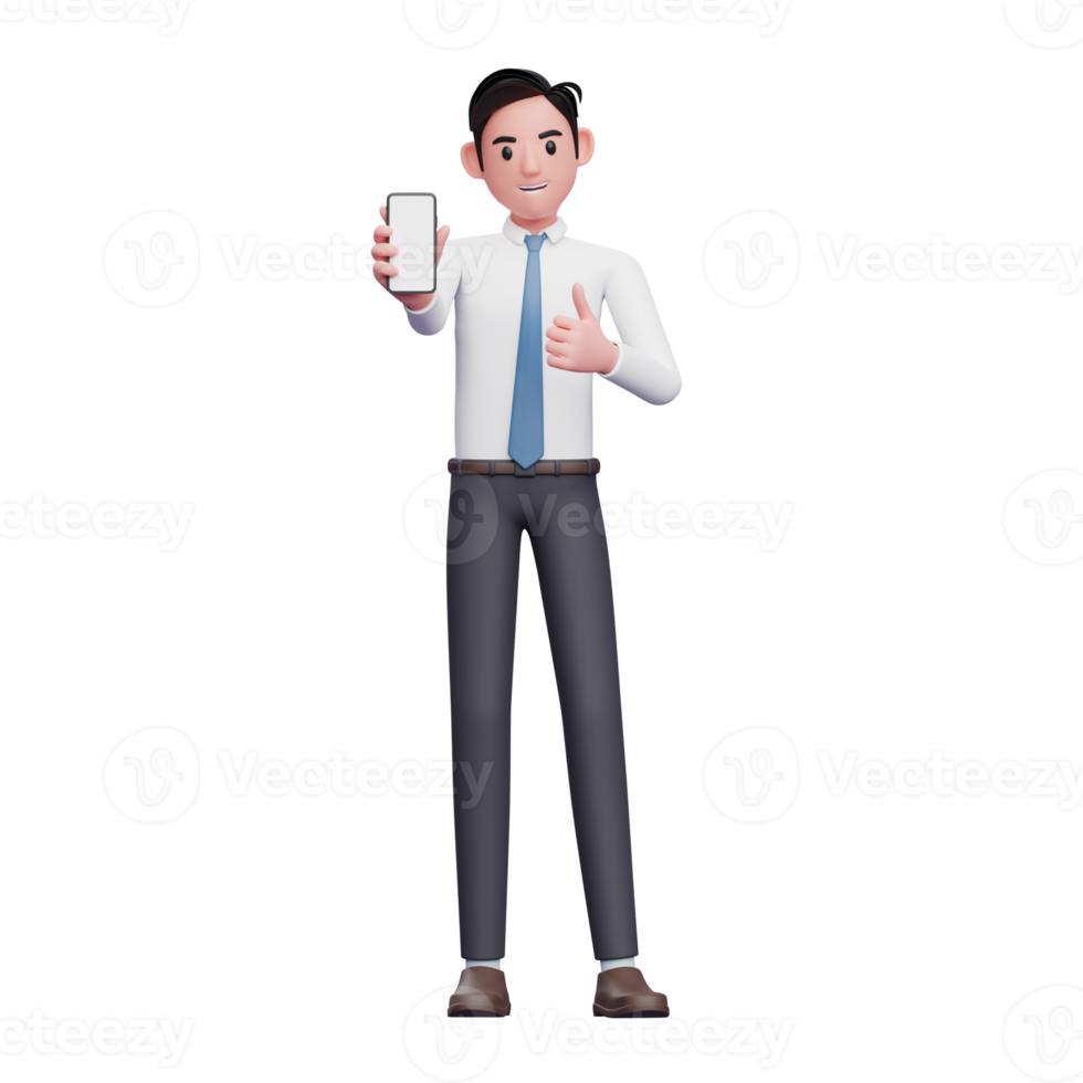 Businessman in white shirt give thumbs up and showing phone screen, 3d illustration of businessman using phone png