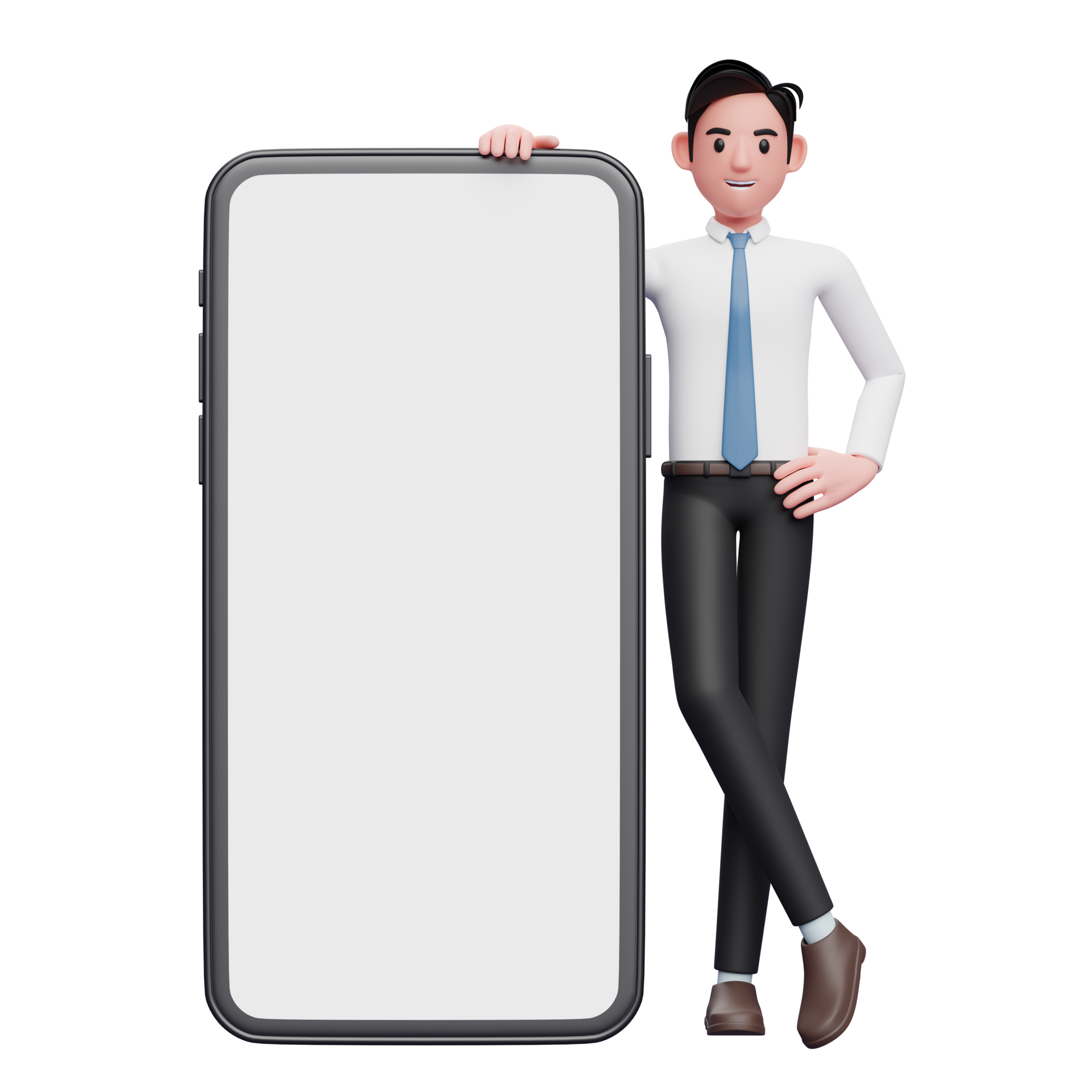 Businessman Standing Next To Big Phone With Legs Crossed And Hands On businessman-standing-next-to-big-phone-with-legs-crossed-and-hands-on