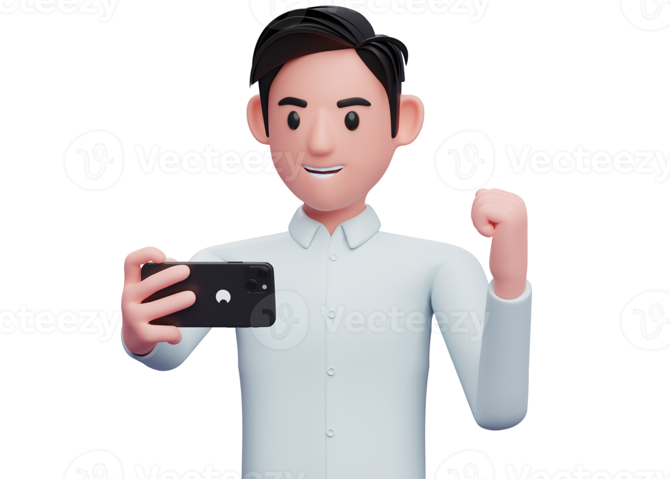 portrait of a businessman celebrating while looking at a cell phone, 3d illustration of businessman holding phone png