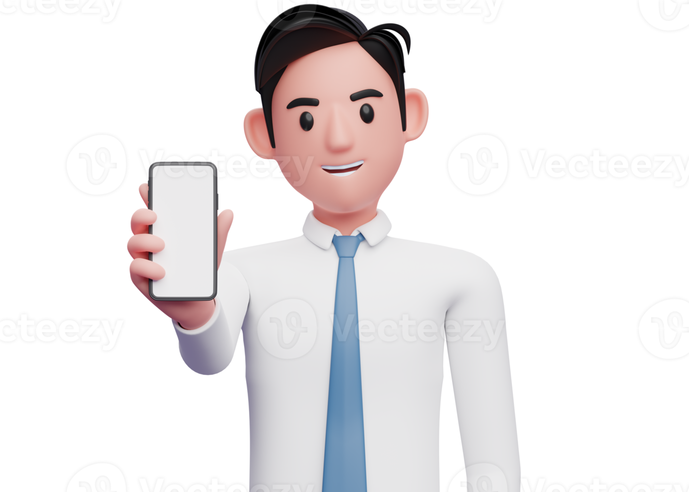 portrait of a businessman in white shirt and blue tie showing the phone screen to the camera, 3d illustration of businessman using phone png
