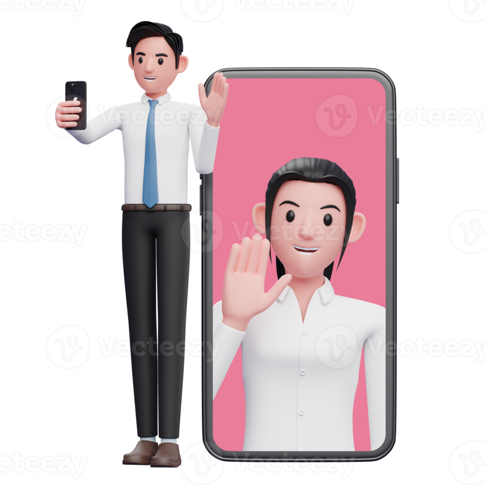 homme d'affaires en chemise blanche passant un appel vidéo avec des collègues, illustration 3d d'un homme d'affaires utilisant un téléphone png