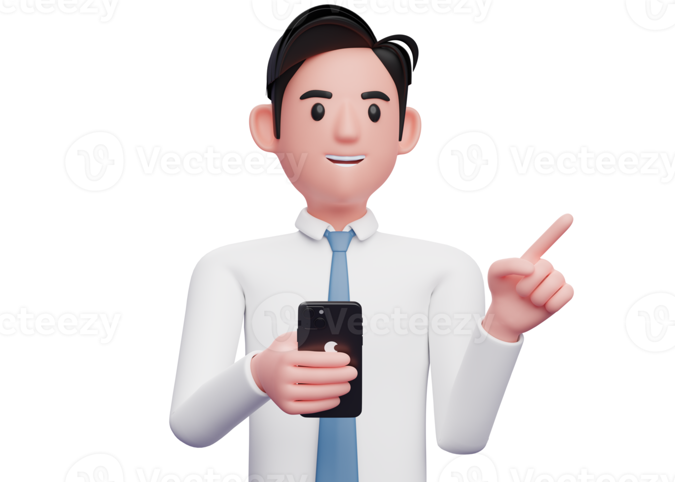 hombre de negocios con camisa blanca sosteniendo un teléfono celular mientras señala hacia el lado eligiendo el gesto, ilustración 3d del hombre de negocios usando el teléfono png