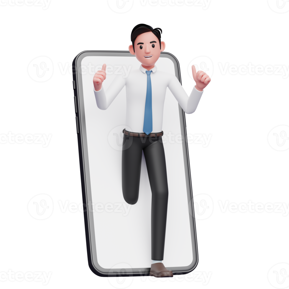 empresário de camisa branca aparece de dentro da tela do telefone enquanto dá um polegar para cima, ilustração 3d do empresário usando o telefone png