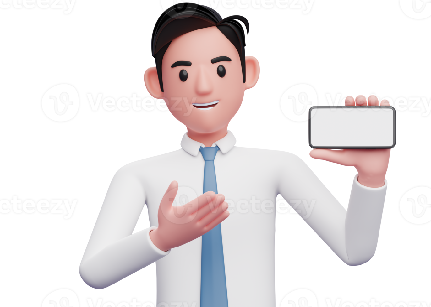 businessman in white shirt and blue tie presenting landscape screen phone, 3d illustration of businessman using phone png