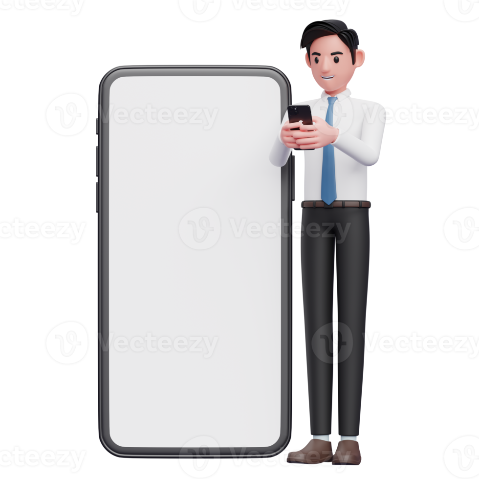 hombre de negocios con camisa blanca escribiendo un mensaje por teléfono, ilustración 3d de un hombre de negocios usando el teléfono png