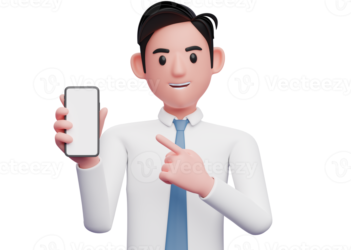 retrato de un hombre de negocios con camisa blanca y corbata azul señalando un teléfono celular en la mano, ilustración 3d de un hombre de negocios usando el teléfono png