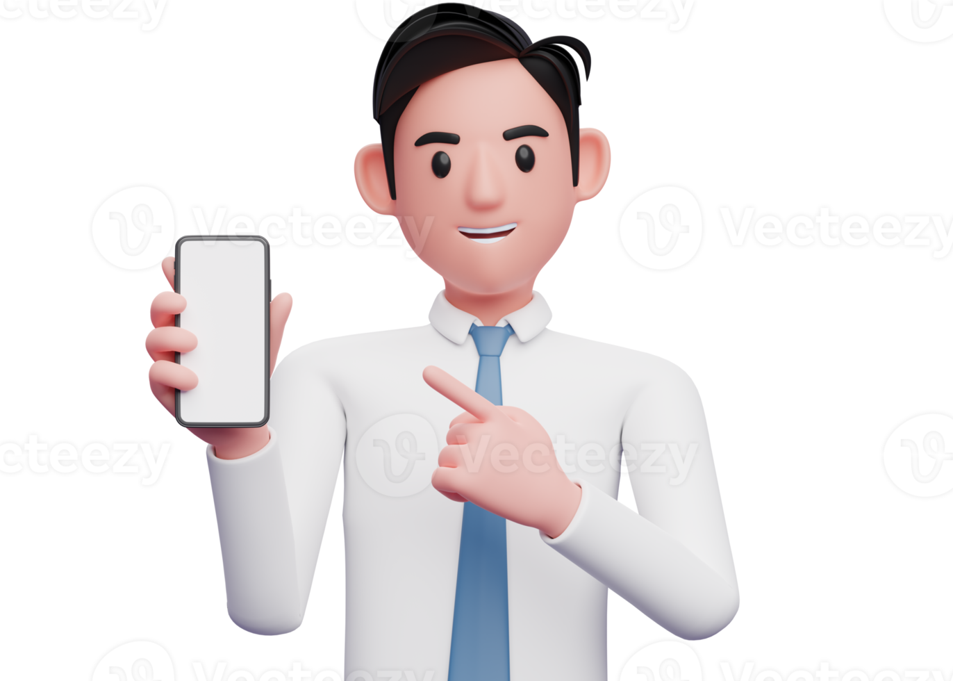 portrait of businessman in white shirt and blue tie pointing cell phone in hand, 3d illustration of businessman using phone png