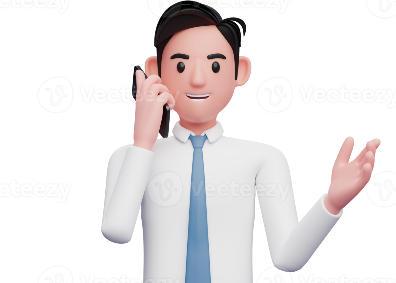 retrato de um empresário de camisa branca tendo uma conversa telefônica, ilustração 3d de empresário usando telefone png